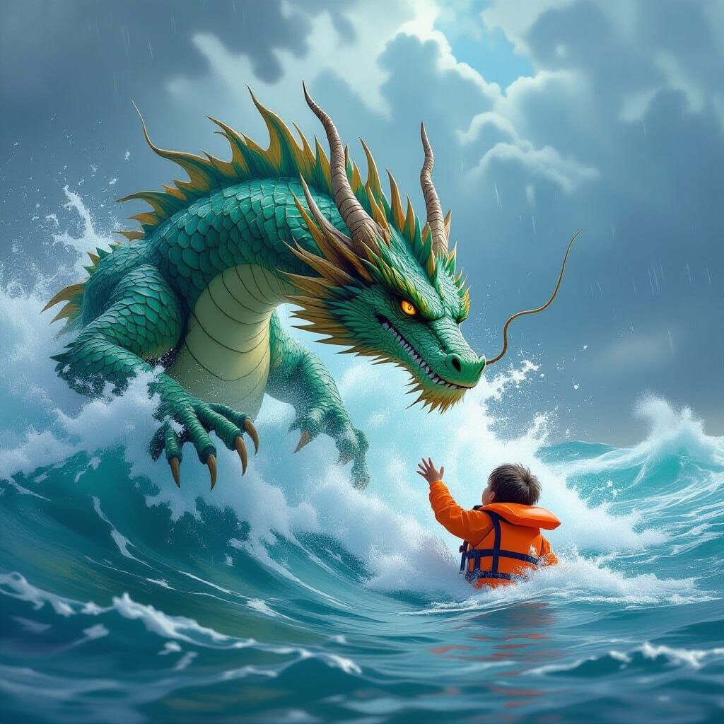 Water Dragon Saves Child from Stormy Sea