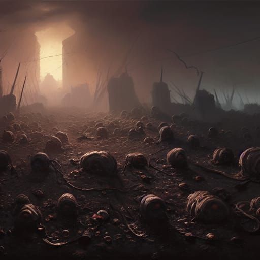 Desolate Landscape with Giant Fetuses: Dark Fantasy Art
