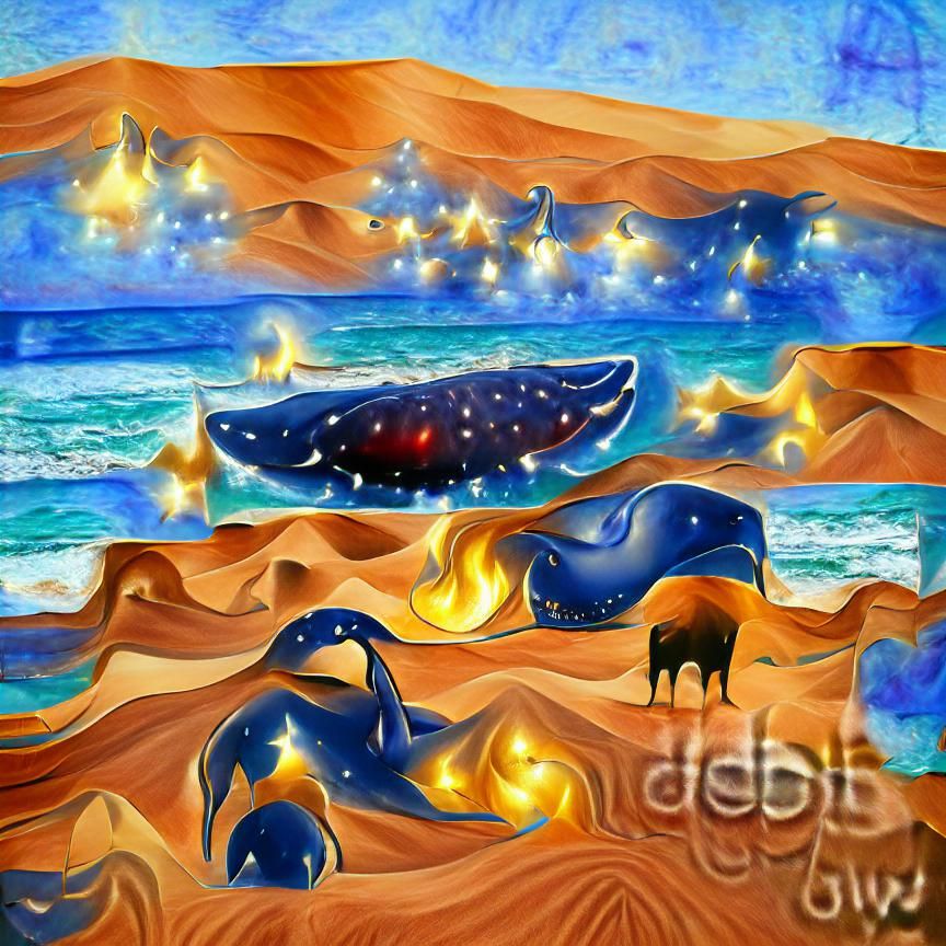 Starlight and Fire Whales at Desert Ocean