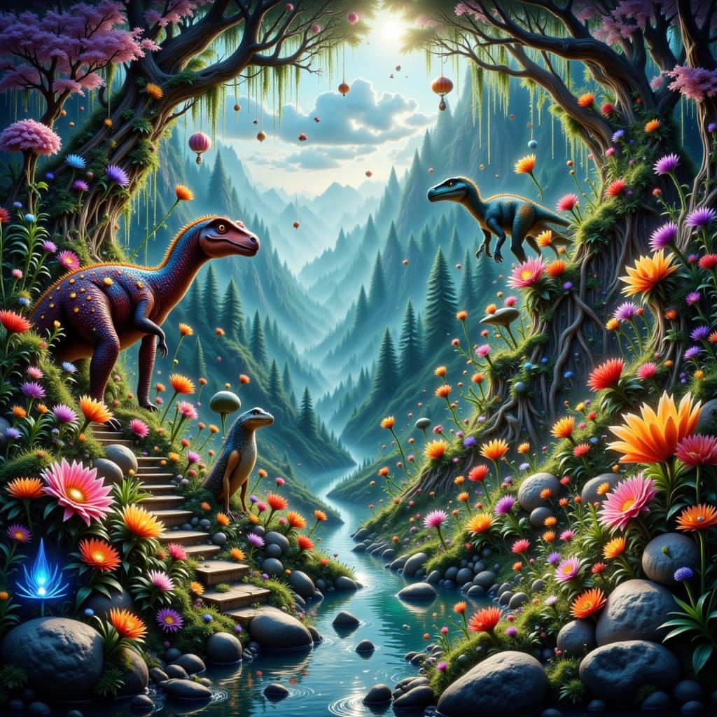 Vibrant Jurassic Jungle with Dinosaurs in Painterly Style