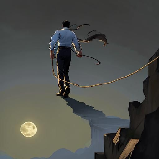 view from behind as a man walks on a rope towards the fullmo...