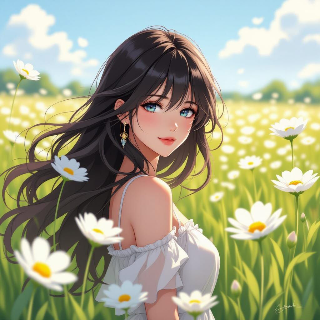 Woman with Transparent Hair in Flower Field, Anime Style