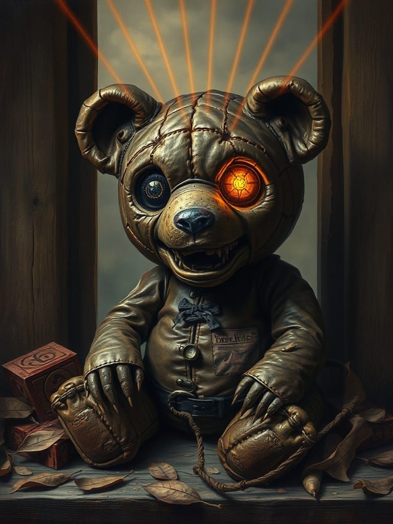 Cursed Leather Teddy Bear in Surrealist Oil Painting