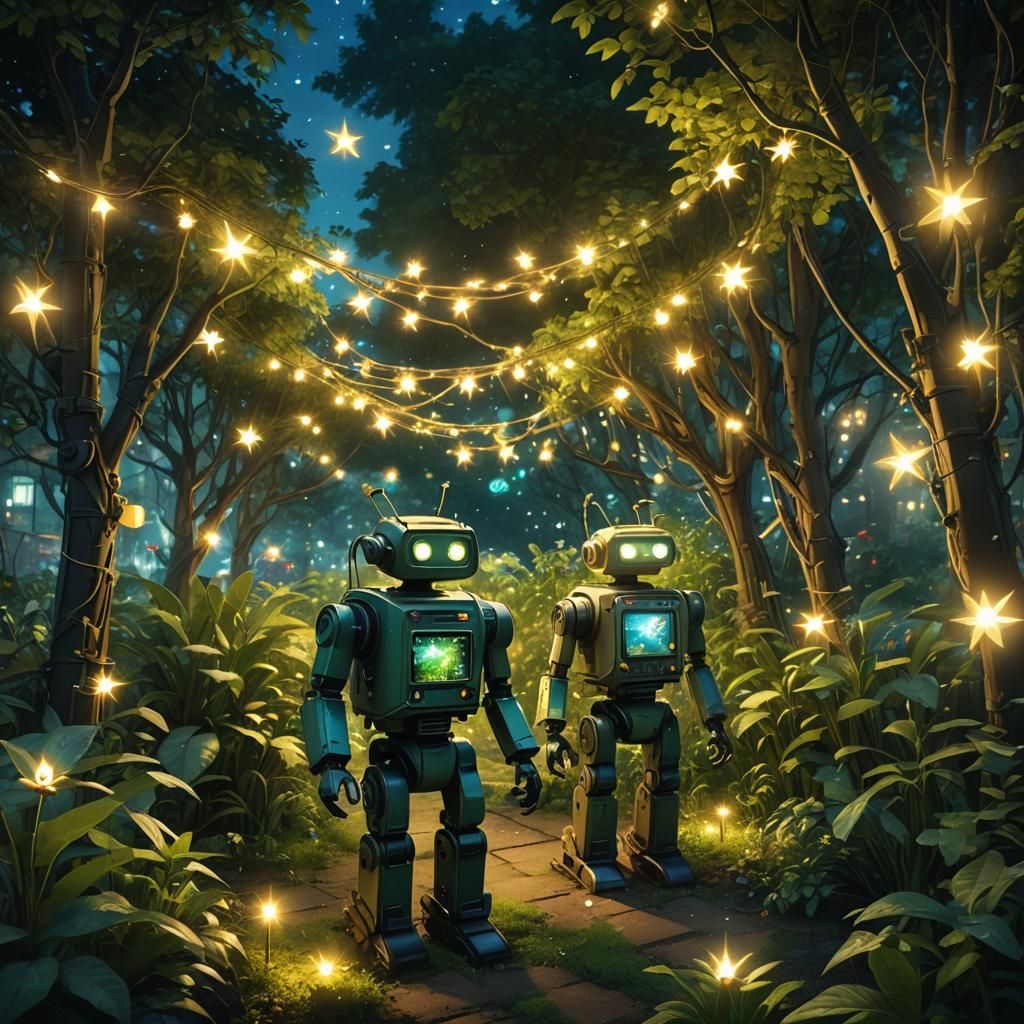Robots in Techno-Nature Garden, Banksy Street Art Style