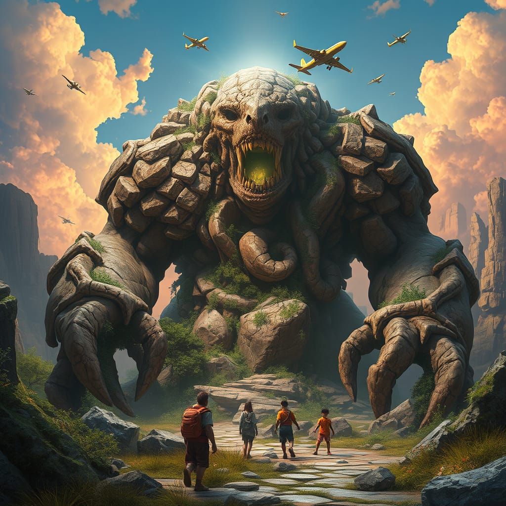 Earthy Monster Shields Children from Aerial Bombardment