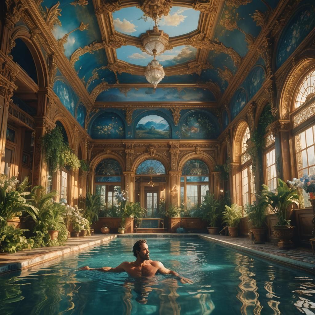 Victorian Indoor Pool with Swimmer in Oil Painting Style