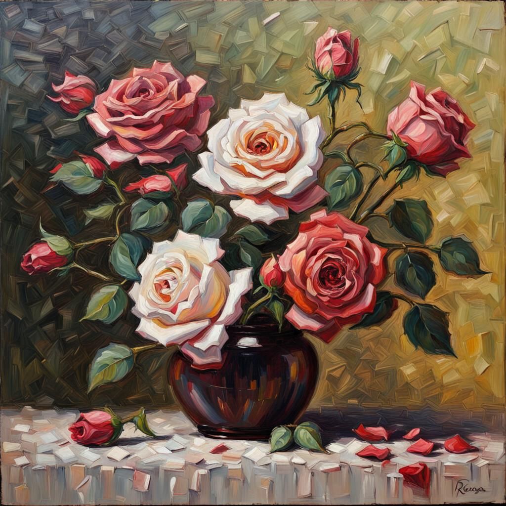 Roses in Impasto Style Oil Painting