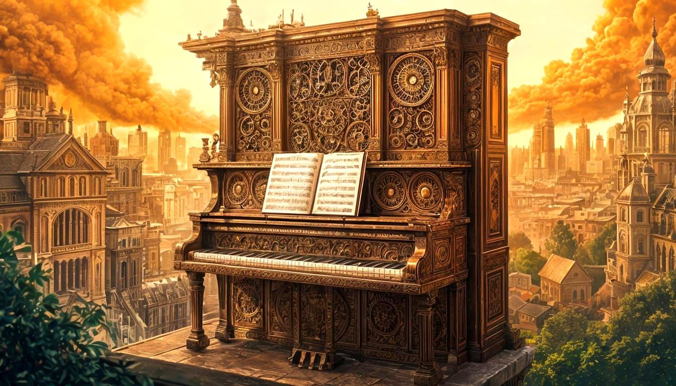 Majestic Steampunk Piano with Intricate Carvings
