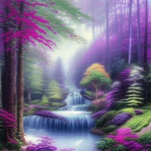 Ethereal Forest Waterfall in Realistic Style