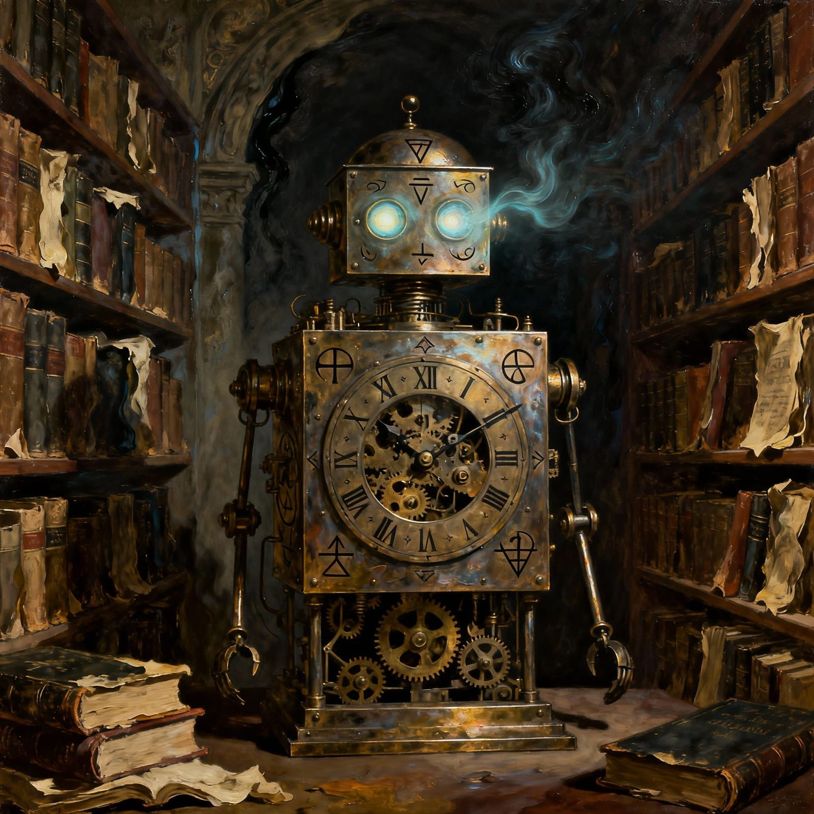 Clockwork Automaton in Ancient Library, Arcane Symbols Glow