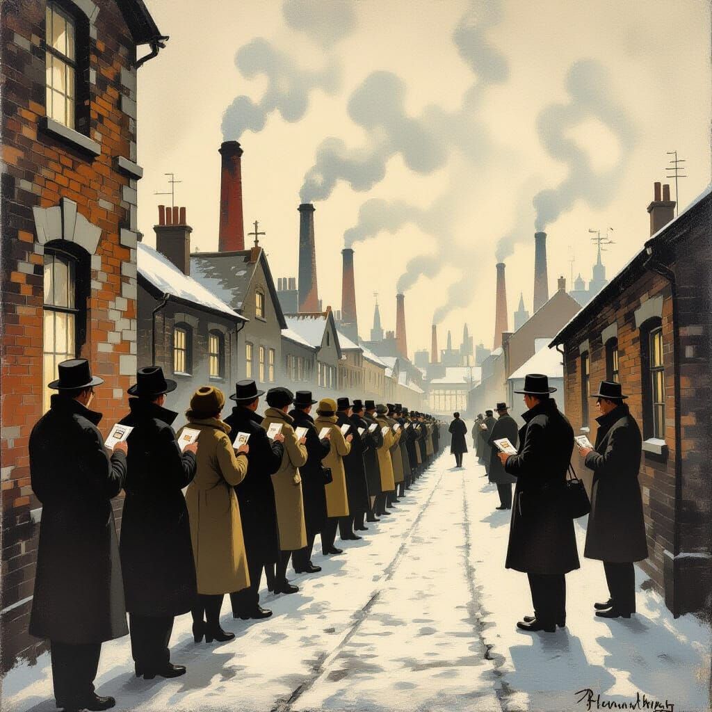 Industrial Workers Queueing: A Lowry-esque Scene