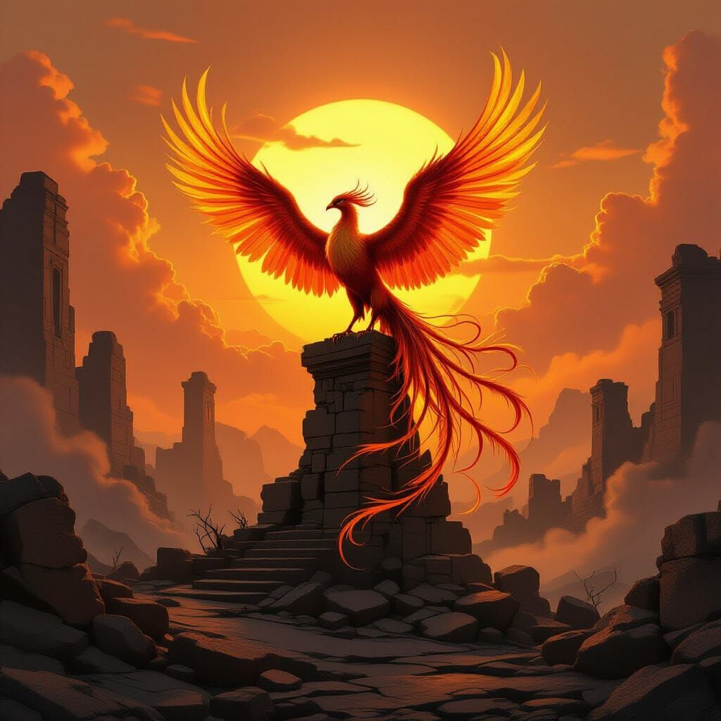 Majestic Phoenix on Ancient Ruins at Sunset