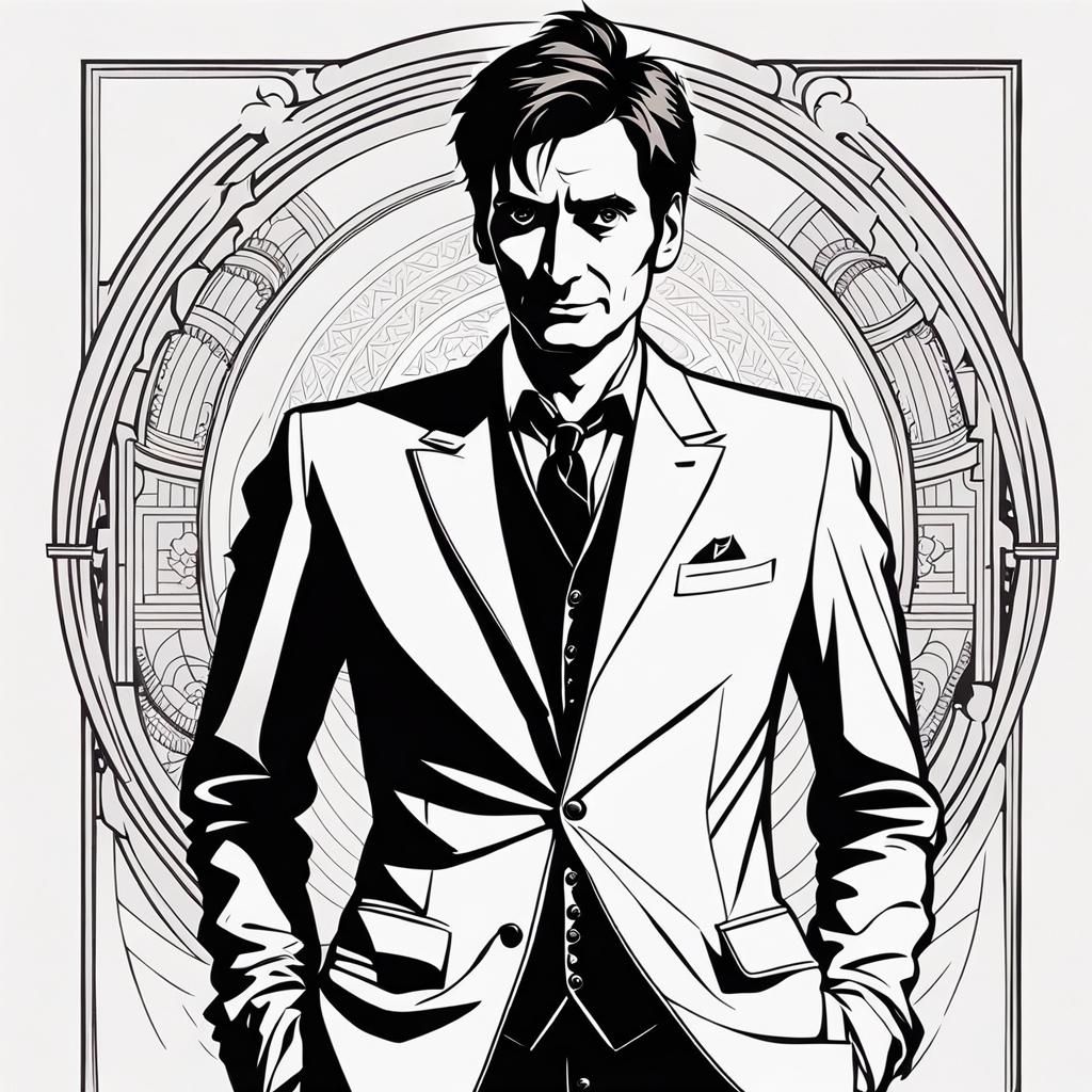Monochromatic Art Nouveau Illustration of Man in Jacket