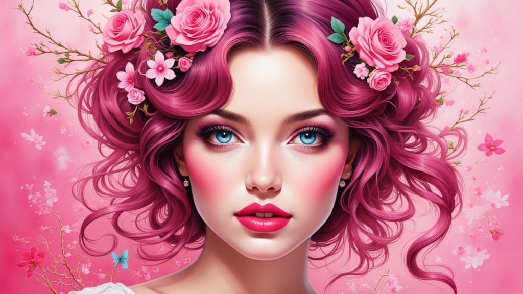 Woman in Pink with Surreal Floral Hair