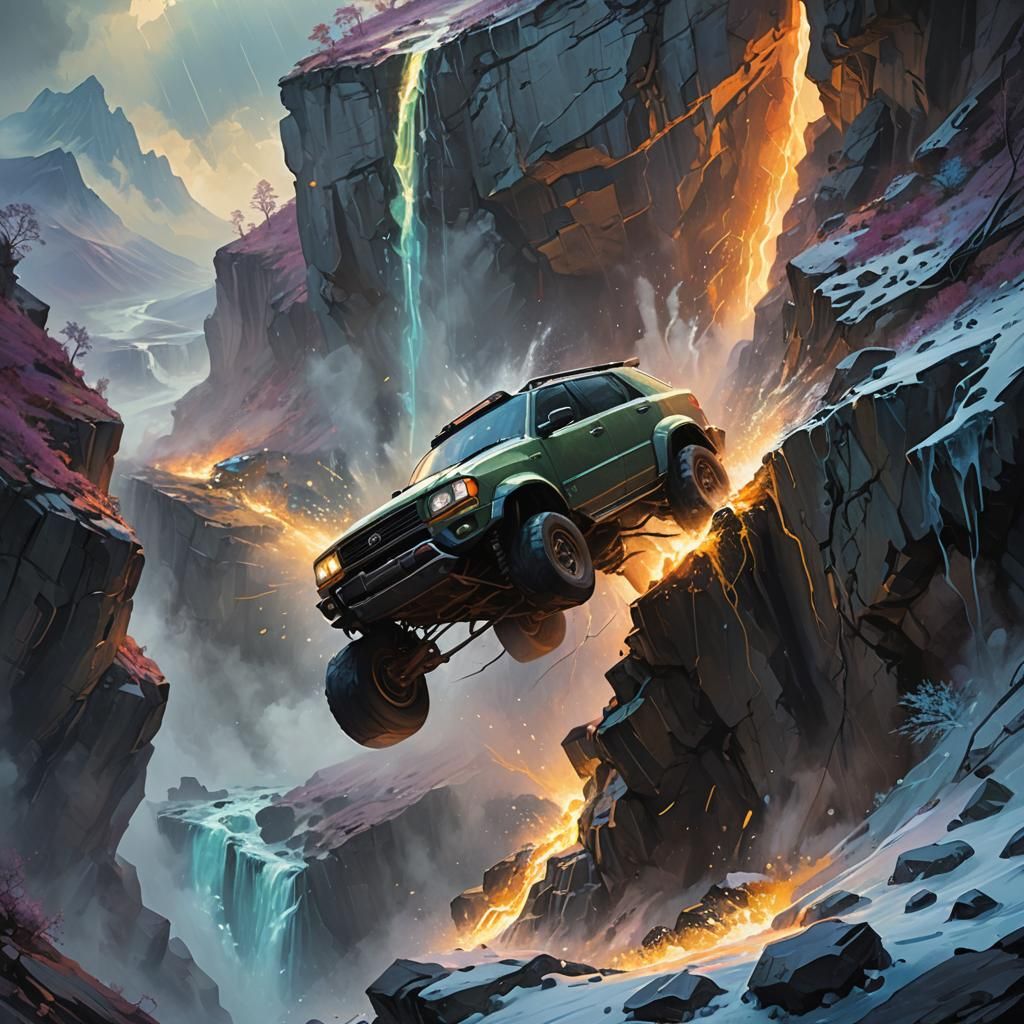 Car Crashing off Cliff in Oil Painting Style
