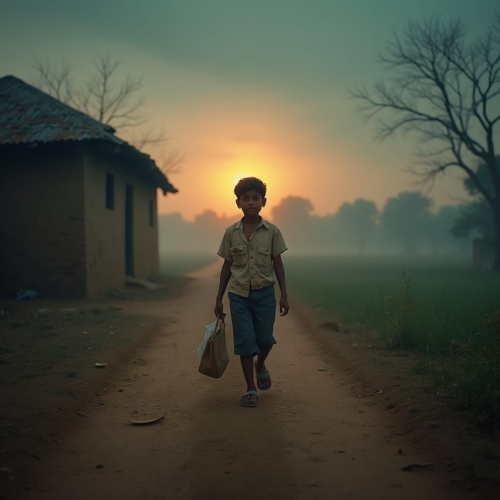 Hopeful Rural Boy Walks at Sunrise: Cinematic Style