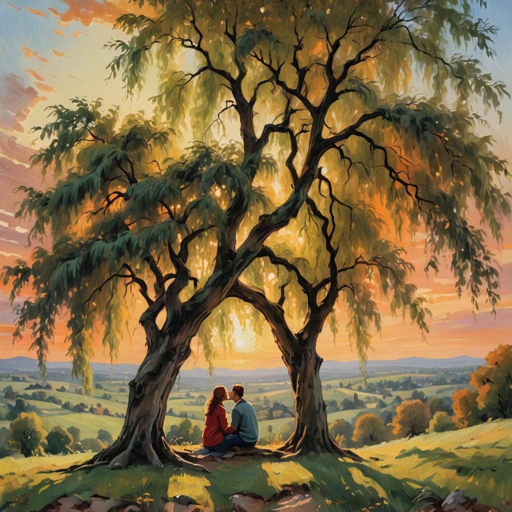 Lovers Kissing Under Weeping Willow in Sunset Light