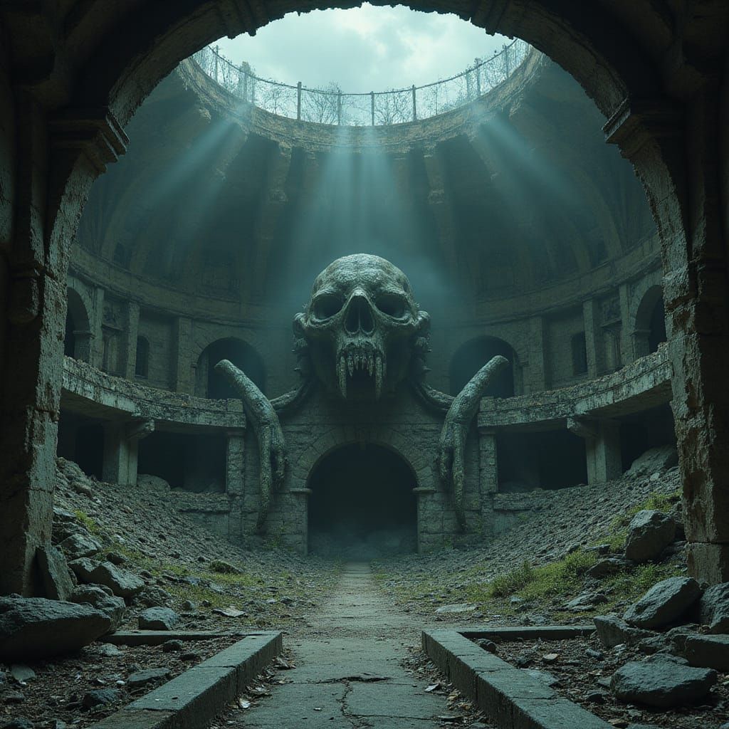 Crumbling Biomechanical Nightmare in Eerie Abandoned Amphith...