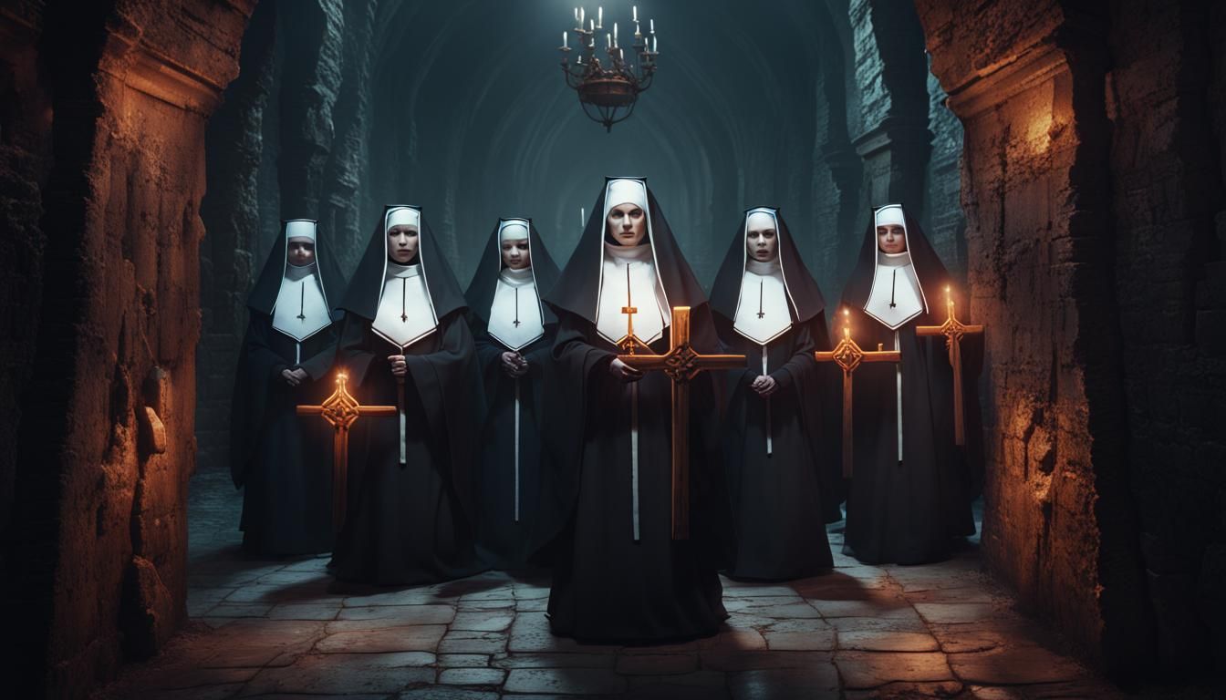 Evil Nuns Procession in a Dungeon: Detailed Matte Painting