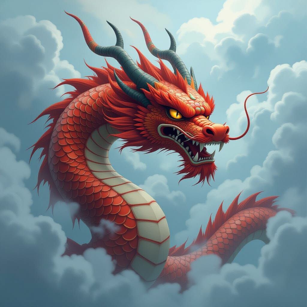 Majestic Japanese Dragon in Misty Typhoon Clouds