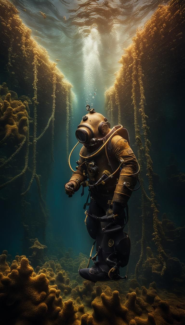Underwater Explorer Wearing Diving Helmet