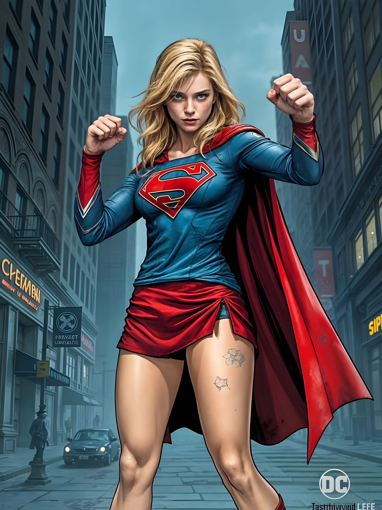 Supergirl Comicbook Cover in a Cyberpunk Adventure Style