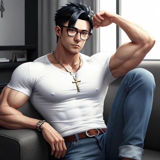 Muscular Boy with Rosary in Anime Style