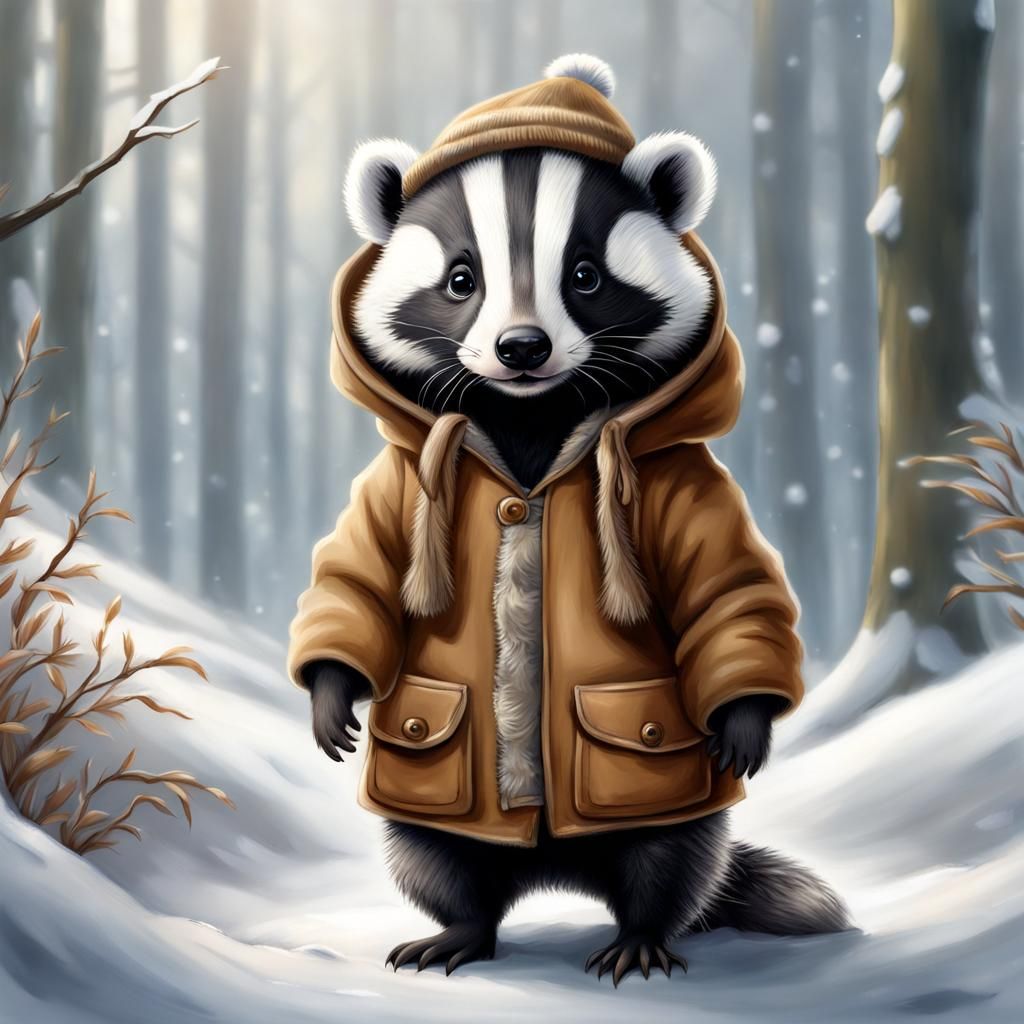 Baby Badger in Winter Clothes: Beatrix Potter Style