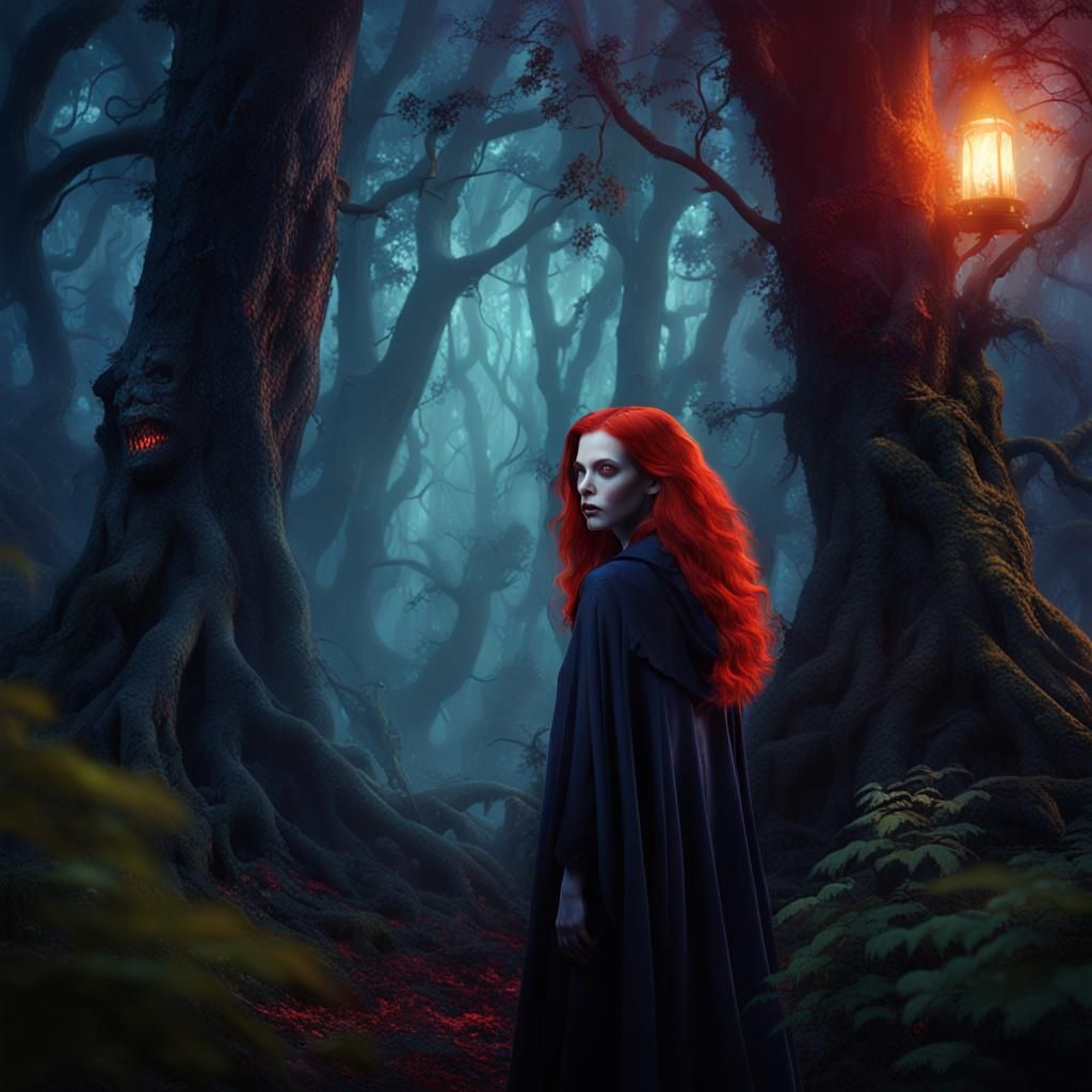 Red-Haired Vampire in Mystical Forest, Fantasy Concept Art