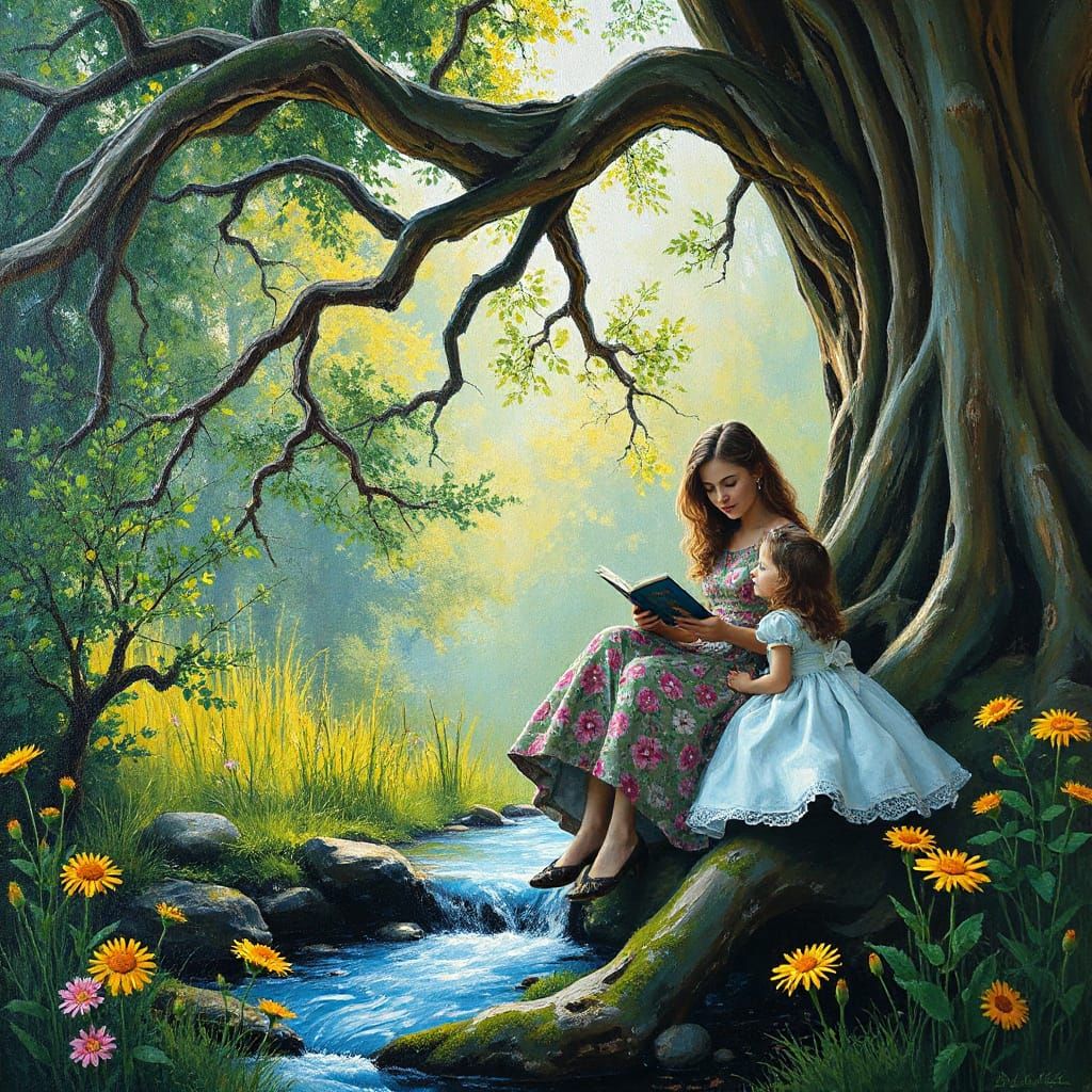 Sisters Reading by Stream in Expressionist Style