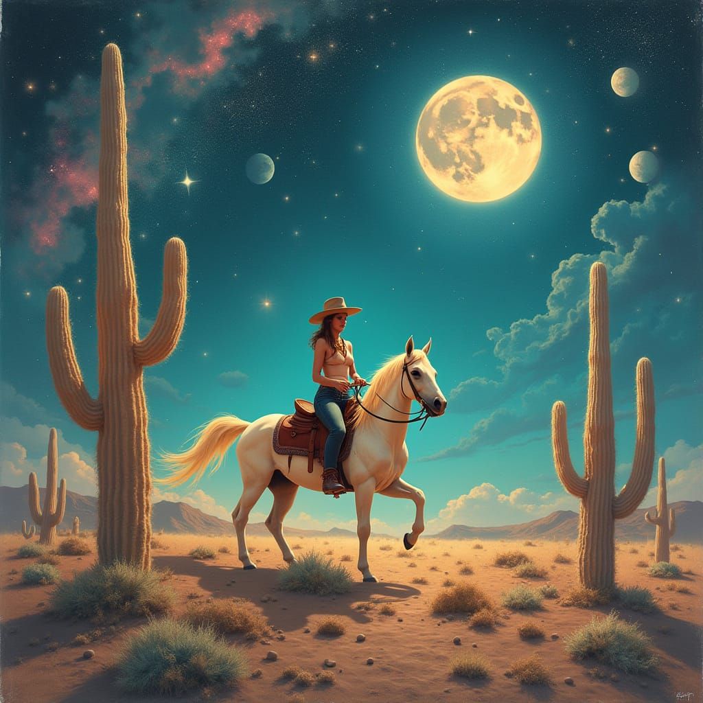 Cowgirl Rides Celestial Steed Through Nebula Dreamscape