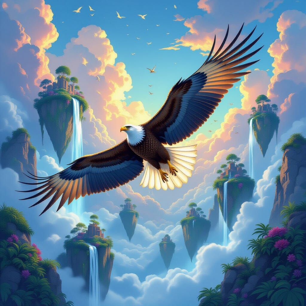 Majestic Eagle Amidst Floating Islands and Waterfalls