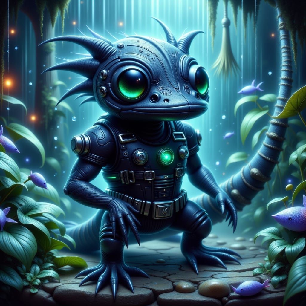 Surreal Axolotl Warrior in Neon-Lit Aquarium