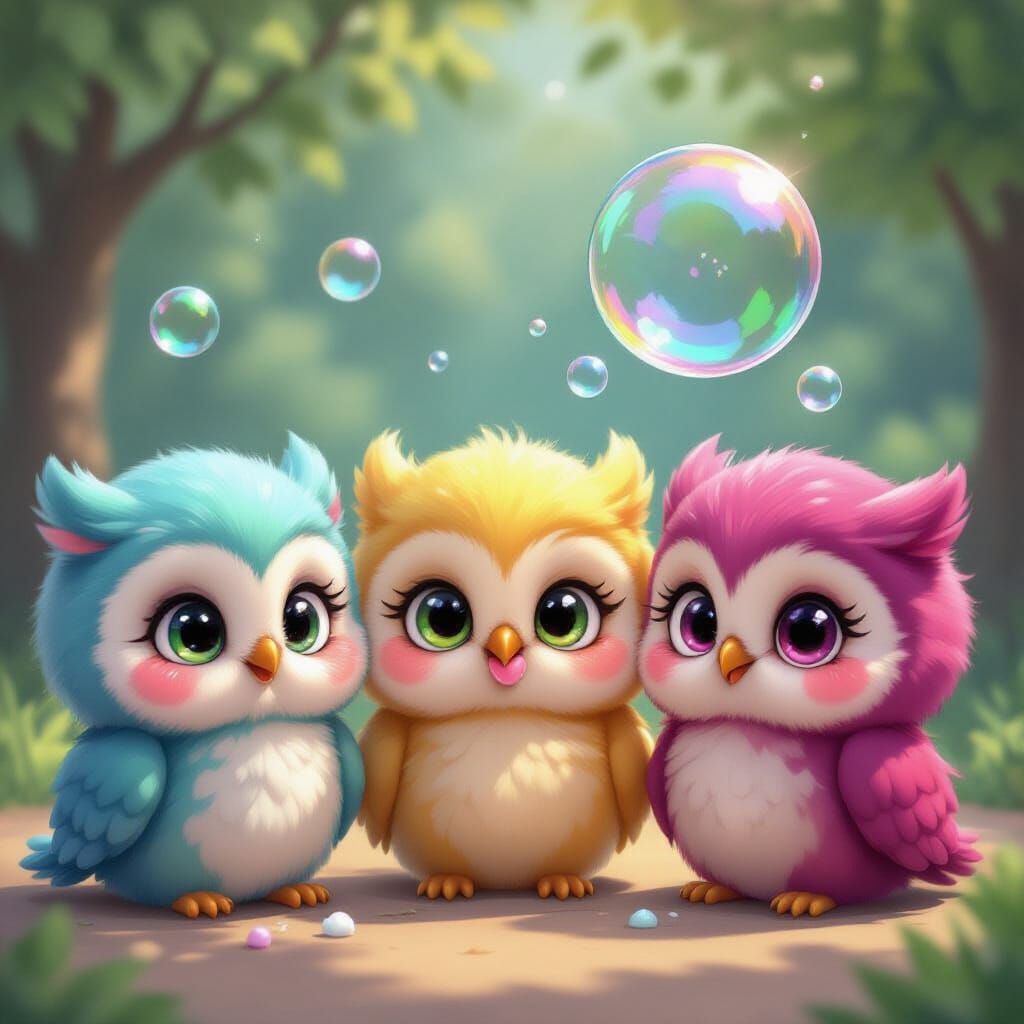 Chibi Baby Owls on Branch Under Full Moon