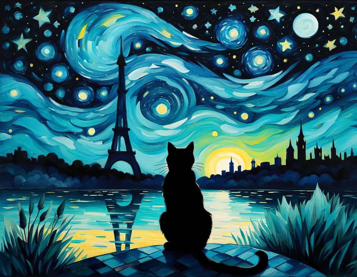 Starry Night Cats in Gouache Style