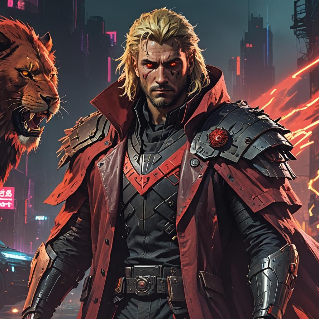 Cyberpunk Mage Knight with Lion Companion