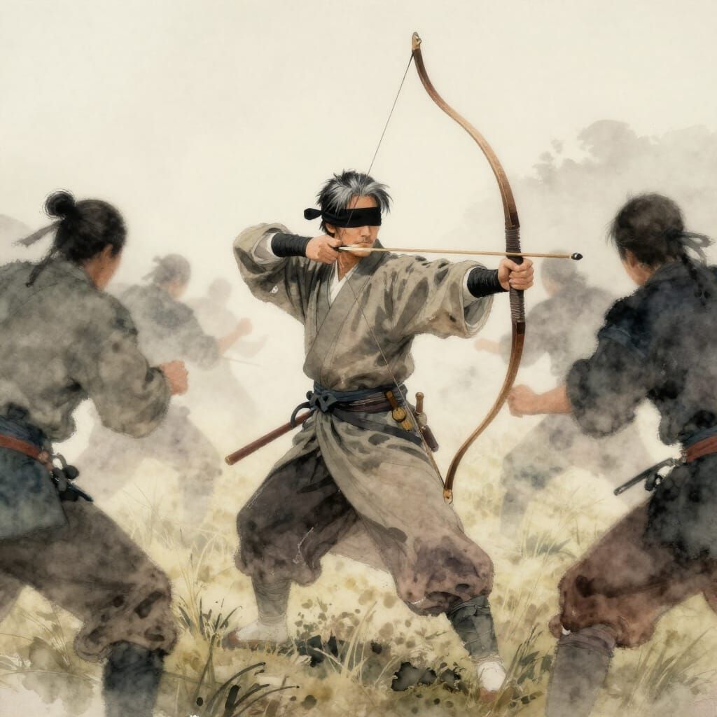 Blindfolded Warrior Fights Unseen Foes in Watercolor Style