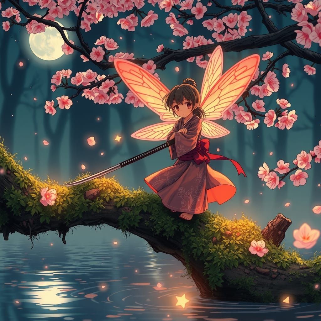 Japanese Fairy with Katana in Spring Forest, Comic Art