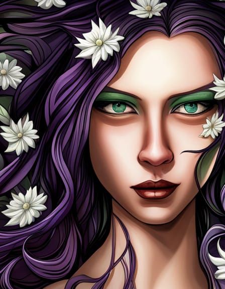 Purple-Haired Girl with Flowers: Fantasy Concept Art