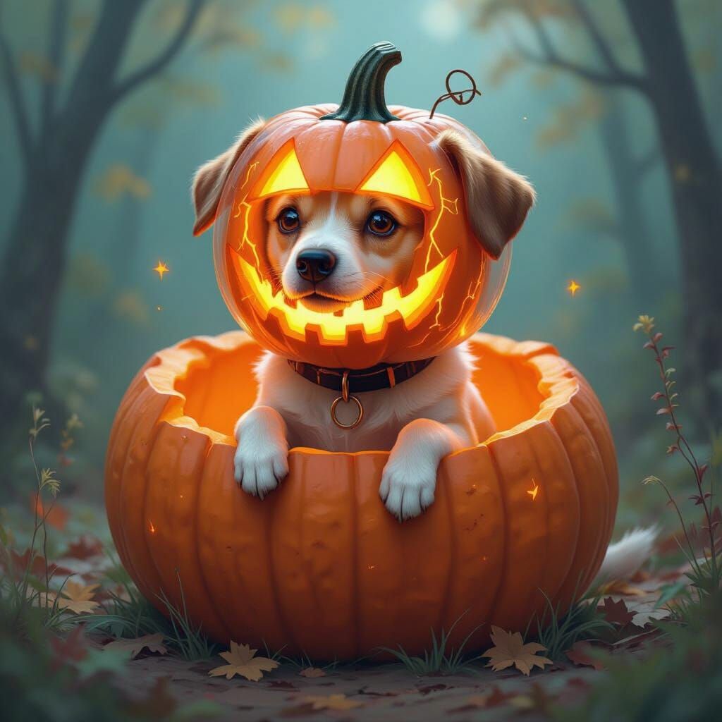 Dog in Pumpkin Head, Whimsical Dreamscape