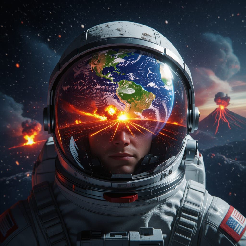 Astronaut Helmet Reflecting Earth's Destruction in 4K