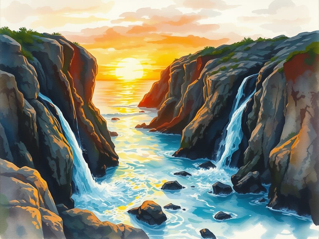 Vibrant Watercolor Coast at Sunset with Cascading Waterfalls