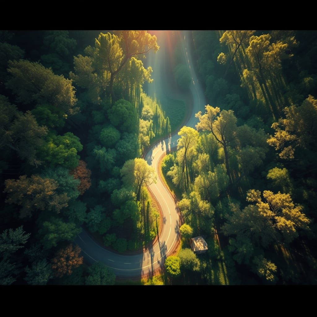 Winding Road Through Forest: Magical Realism Landscape