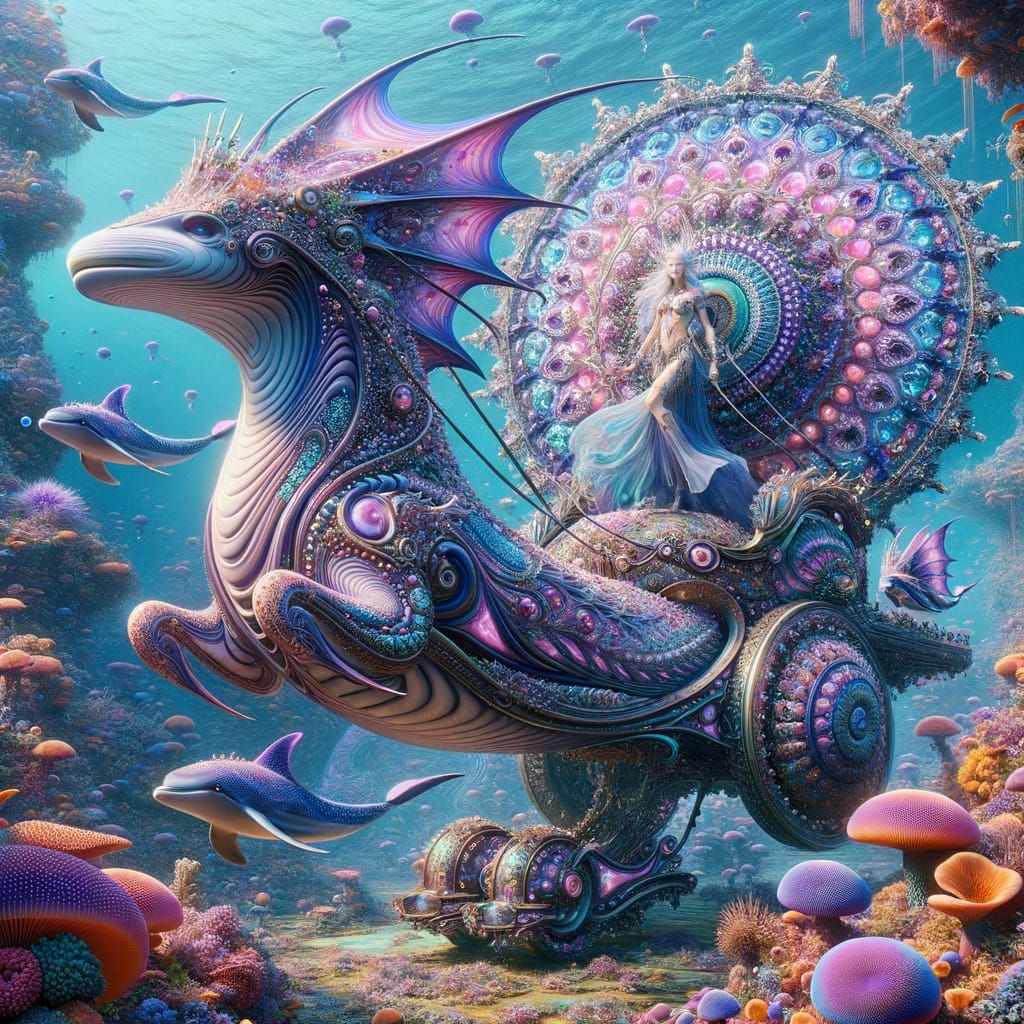 Goddess Rides Majestic Underwater Chariot in Vibrant Ocean S...
