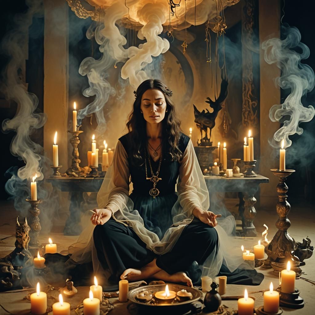 A surreal visualization of a witch sitting in a meditation p...