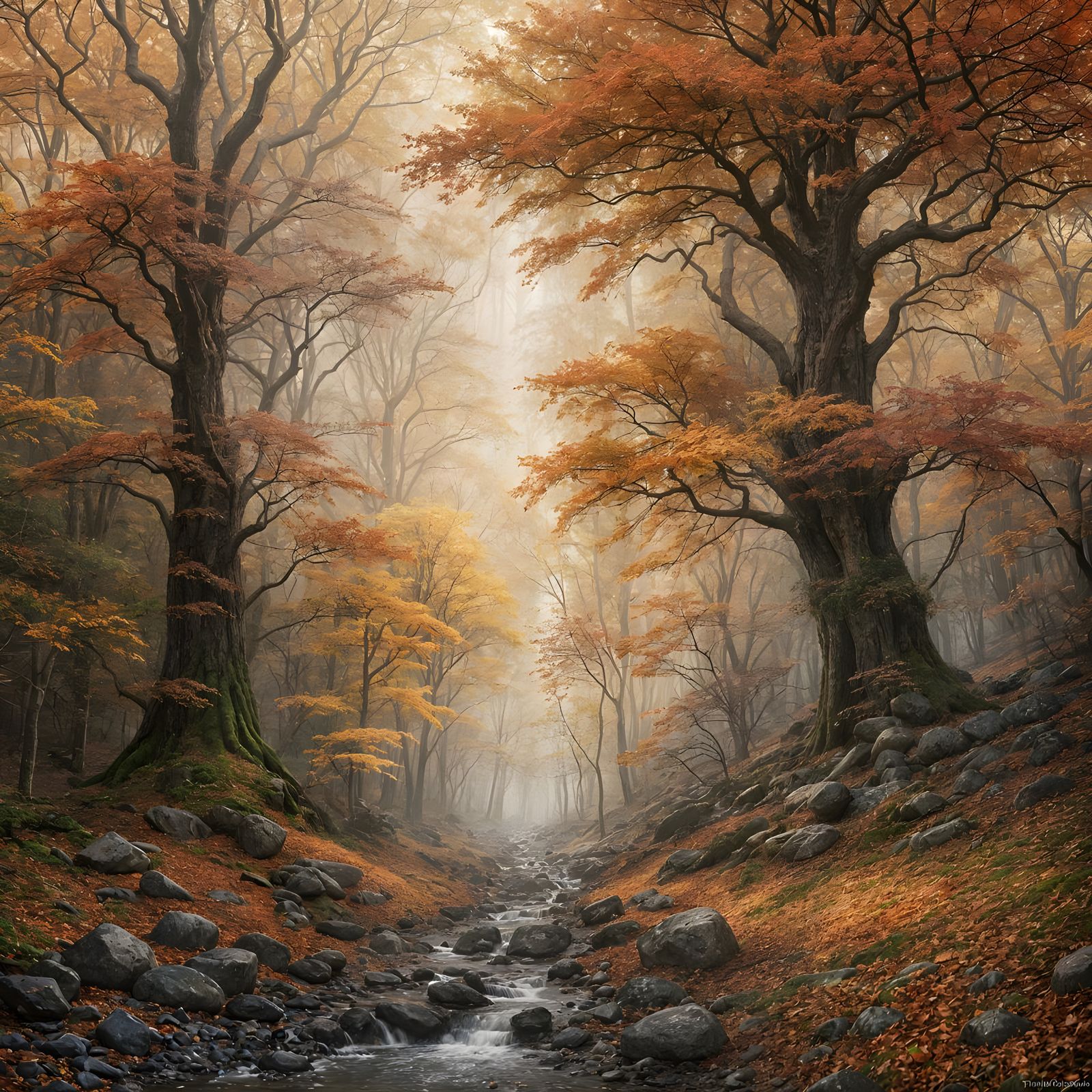 Autumnal Woodland Scene in Earthy Tones
