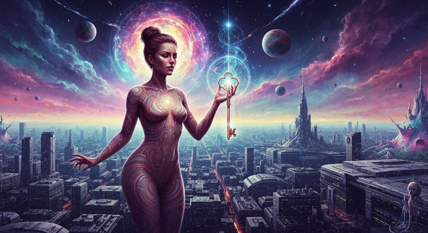 Mystical Woman with Ethereal Key in Sci-Fi Cityscape