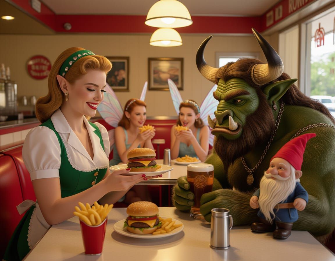 Elf Waitress Serves Burger to Minotaur in Retro Diner