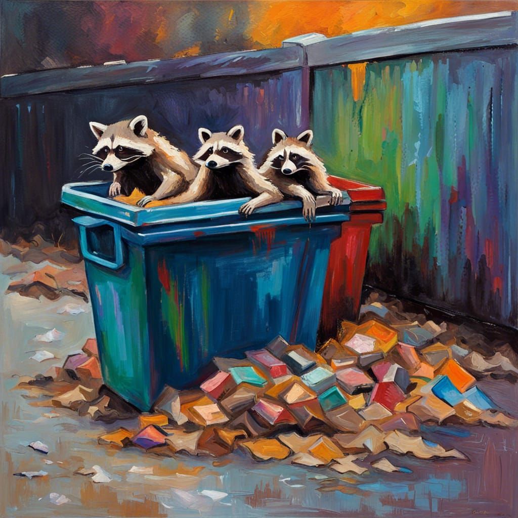 Raccoons Tipping Garbage Can: Expressionist Oil Painting
