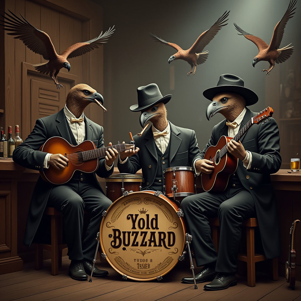 Stylish Vultures Play Music in Smoky Saloon